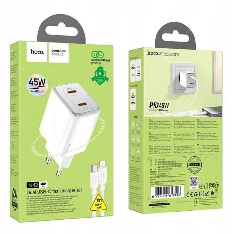 HOCO ładowarka sieciowa 2 x Typ C + kabel Typ C do Lightning PD QC 45W GaN